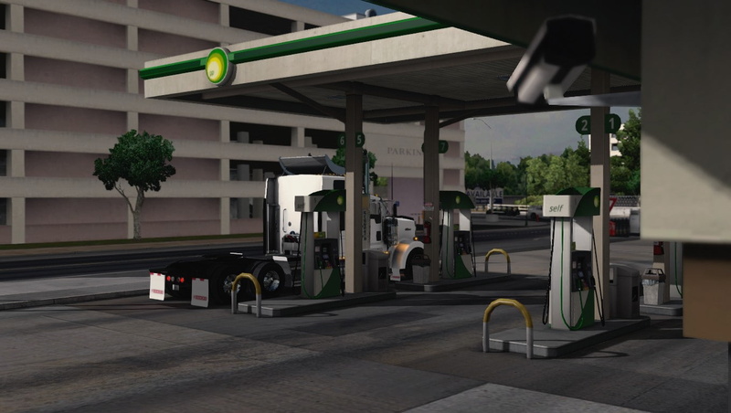 fossil fuel, land vehicle, city, built structure, fuel and power generation, outdoors, mode of transportation, transportation, american truck simulator trucks gas stations video games