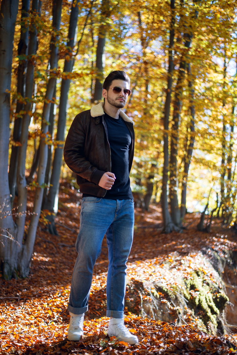 young men, clothing, hairstyle, woodland, front view, pose, plant, full length, adult, land, style, daylight, autumn, standing, denim jeans, lifestyles