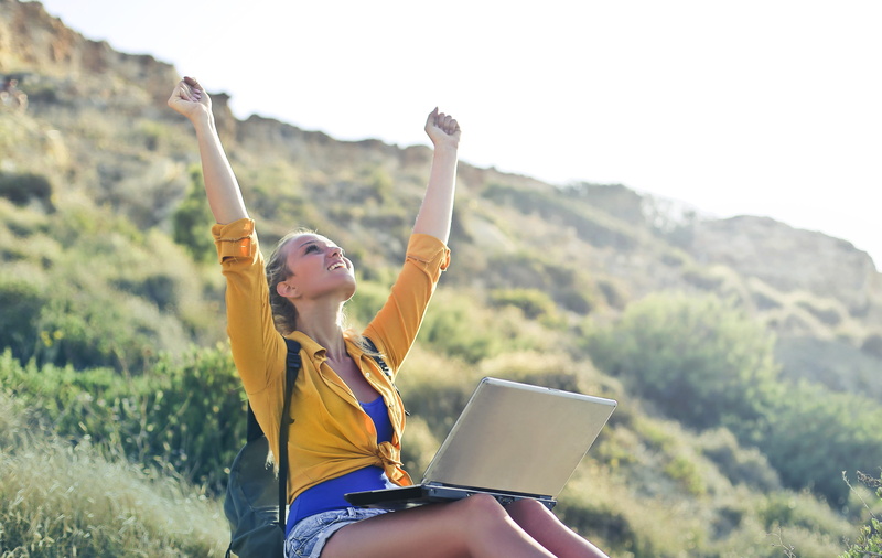 outdoor, yellow, blurred background, woman, 2K, computer, folded sleeves, laptop, young, digital, wireless technology, women, young women, limb, positive emotion