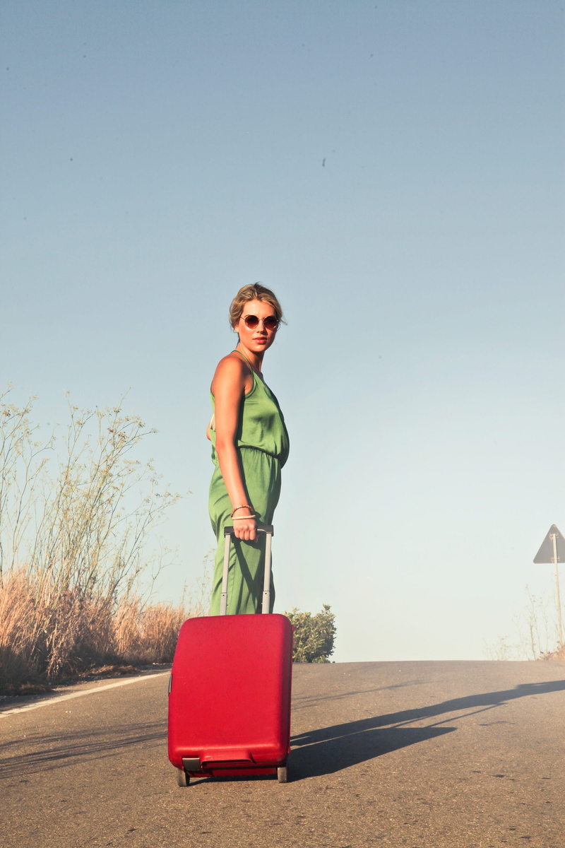 trip, red, caucasian, sun, clear sky, vacation, searing, bracelets, baggage, glasses, 25-30 year old, women, holiday, 2K, one person, road, sunlight, nature