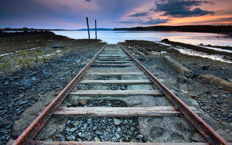 lake, beach, d, tracks, 3d, 720P, art, abstract, nowhere, photography, sea, sunset, ways, end, hd, railroad tracks, railroad, water, track