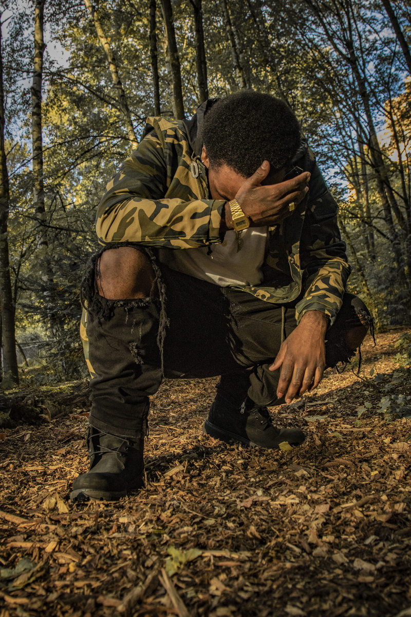 nowhere, weapon, hiphop, plant, uniform, trees, camouflage clothing, forest, kayzee, 5K, camo, one person, sadness, united states, distress, armed forces