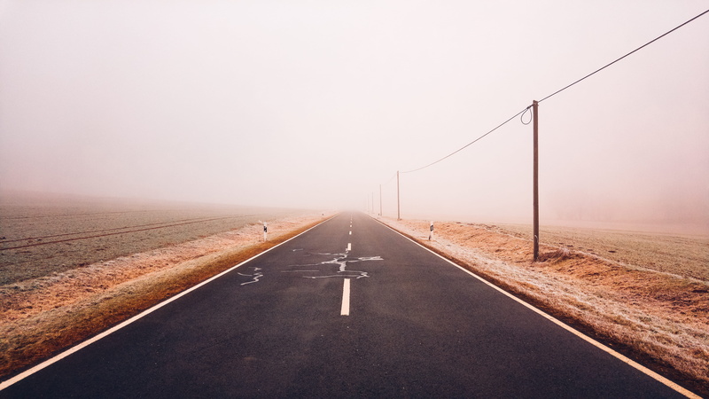 fog, contrast, building, marking, road trip, empty, no people, straight, transportation, vanishing point, drive, tarmac, black, nature, nowhere, landscape