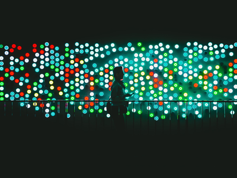 technology, walking, spotted, glowing, lED, real people, multi Colored, connection, nighttime, white shirt, silhouette, lighting Equipment, white, pattern