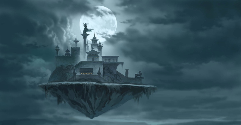 mountains, castles, 720P, Clouds, hd, fantasy art, flying, space, moons, Moon, art, palace, fantasy, artwork