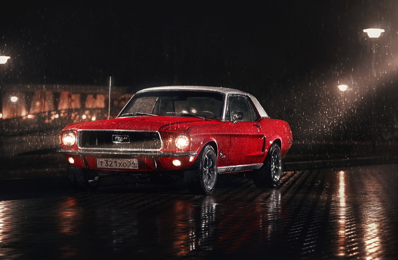 rain, Parking, washers, Mustang, 1967, white, lampposts, 1080P, red, Ford