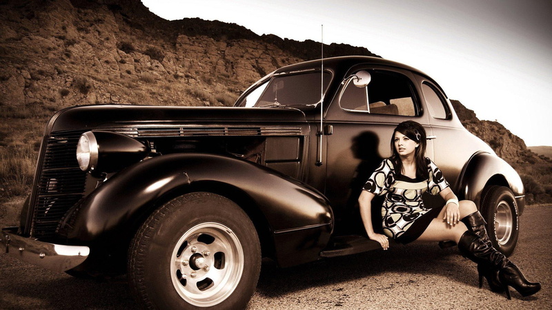 classic, boots, hotrod, muscle, antique, woman, dress, 1080P, girl, legs, cars, lady