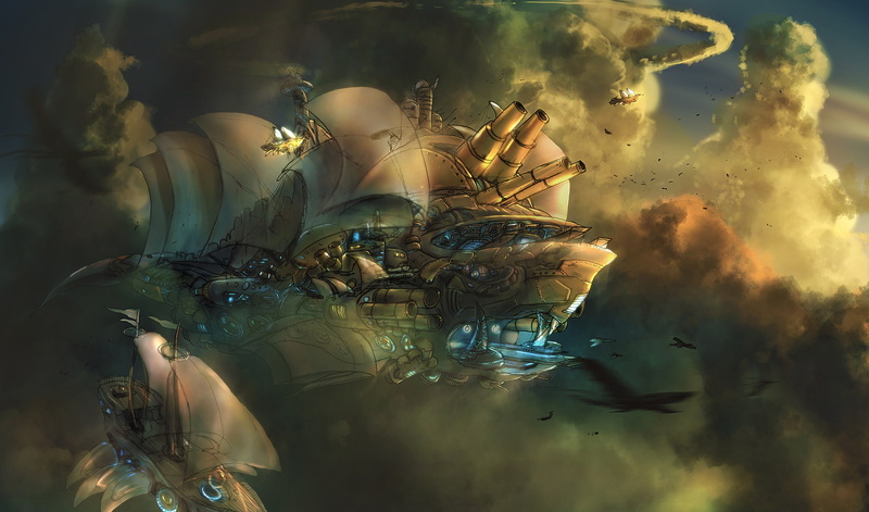 clouds, detail, flight, vehicles, science, architecture, fantasy, artistic, fiction, space, 1080P, sunlight, sunrise, digital, punk, ships, craft, cities