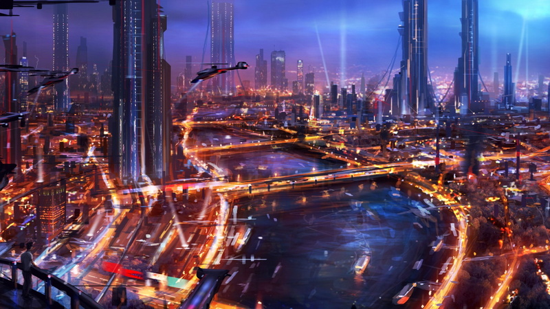 architecture, rivers, color, fi, Futuristic, vehicles, spaceships, cities, fiction, art, CG, digital, Spacecraft, sci, bridges, science, paintings, 1080P