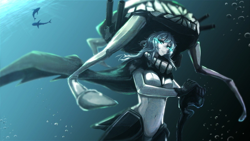 girls, girl, underwater, fantasy art, green, anime, carrier, 1920x1080 px, Shark, x, eyes, col, hd, aircraft, Class Aircraft Carrier, long hair, class