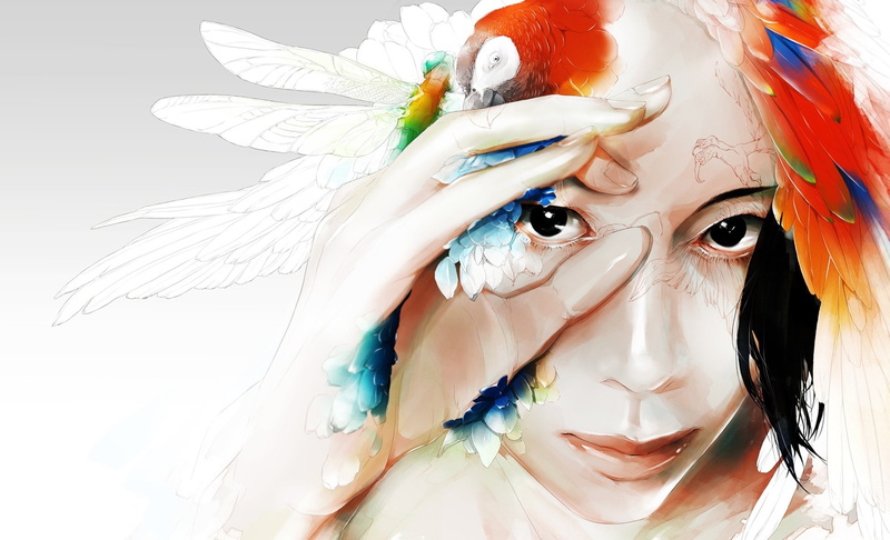 art, fantasy, feathers, colorful, face, fantasy art, 1080P, bird, girl