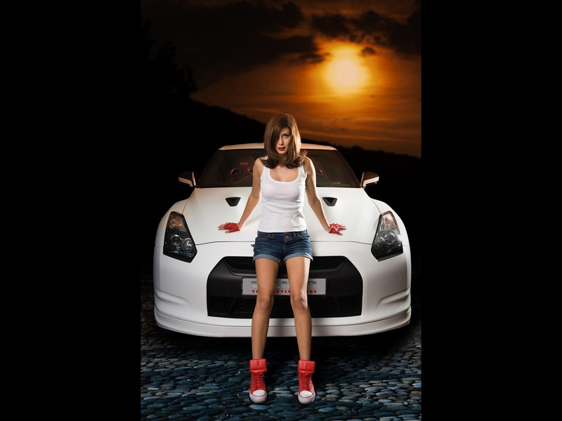 nissan, supercars, cars, sunset, models, 1080P, static, women, vehicles, gtr, brunettes, spec v, sunlight