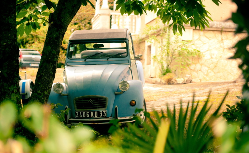 front or back yard, selective focus, plant, mode of transportation, day, car, field, sunlight, stationary, blue, outdoors, Citroen 2CV, convertible, 4K