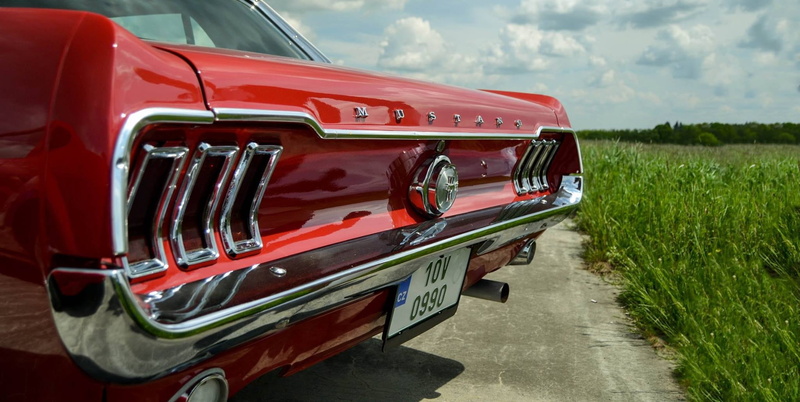 commercial land vehicle, ford, vintage car, field, 1080P, near, paved, rural scene, mustang, truck, road, land vehicle, parked, landscape, day, oldschool