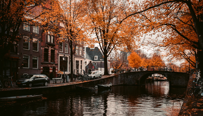 mode of transportation, plant, water, nature, nautical vessel, arch bridge, built structure, fall, season, autumn, canal, oldschool, orange, change, holland