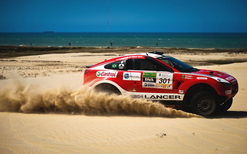 speed, rally, coast, auto, cars, sports, Sand, day, 1080P, art, sea, view, red, racing, heat, hd, mitsubishi, races, side, suv, dakar