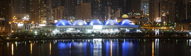 illuminated, government, 2K, by night, Panoramic view, financial district, Expo Centre Sharjah, famous Place, waterfront, arab, building, cityscape, downtown district