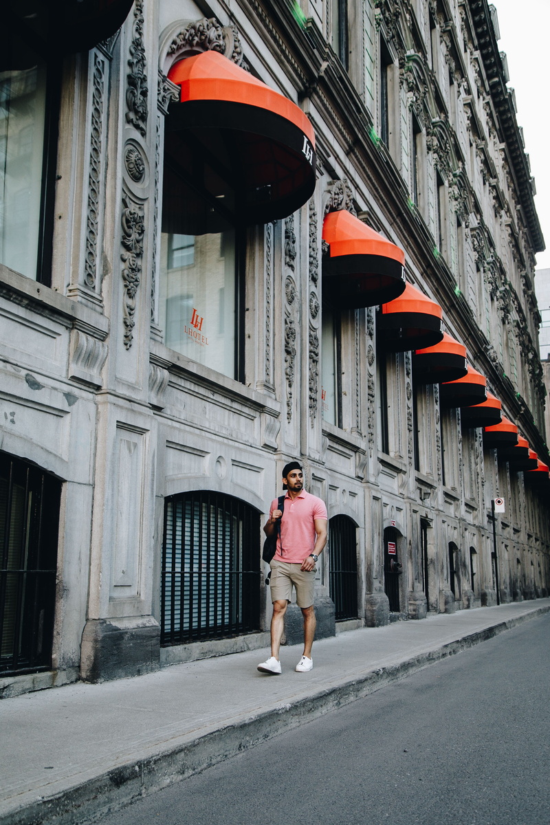 man, urban, adult, people, lifestyles, females, walking, perspective, beside, young Adult, tourist, building, quebec, fashion, walk, style, line, polo