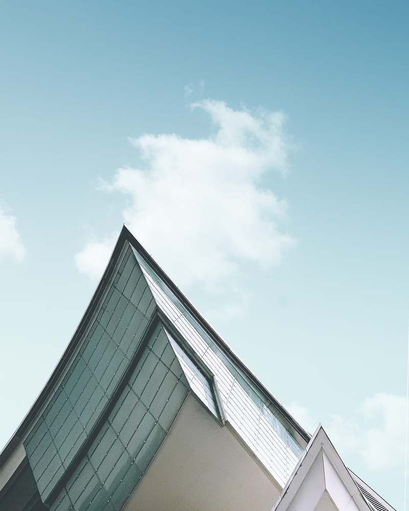 minimalism, built structure, photo, cloud - sky, geometry, low, roof, building, blue, white, angle, city, high section, arch, business, building exterior