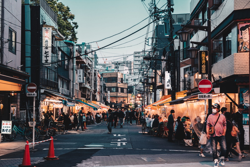 group of people, dusk, built structure, busy, urban, sign, cable, 5K, electricity, transportation, lifestyles, canopy, people, architecture, men, road
