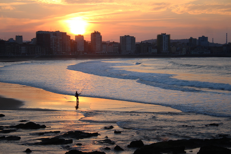 sun, shore, silhouette, 5K, sky, tourism, leisure activity, coastline, nature, wave, asturias, gijon, office building exterior, cityscape, cloud - sky