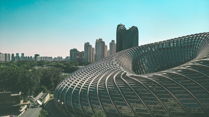 no people, clear sky, 5K, sky, outdoors, nature, stadium, glass, financial district, architecture, building exterior, urban skyline, beijing, metropolitan area