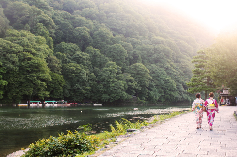4K, water, people, green color, nature, walk, river, togetherness, trip, men, tree, beauty in nature, exotic, plant, real people, japan, kimono, women