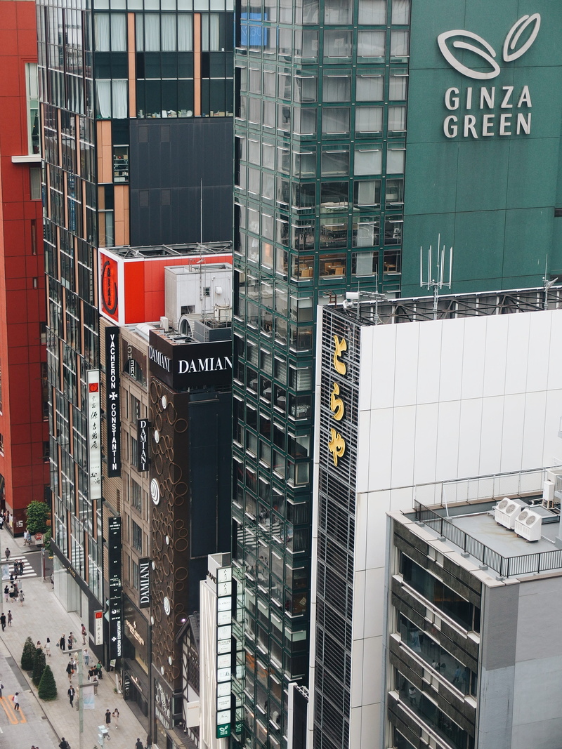buildings, text, modern design, ginza, green, view, architecture, built structure, sign, city life, people, drone view, 4K, urban, building, building exterior