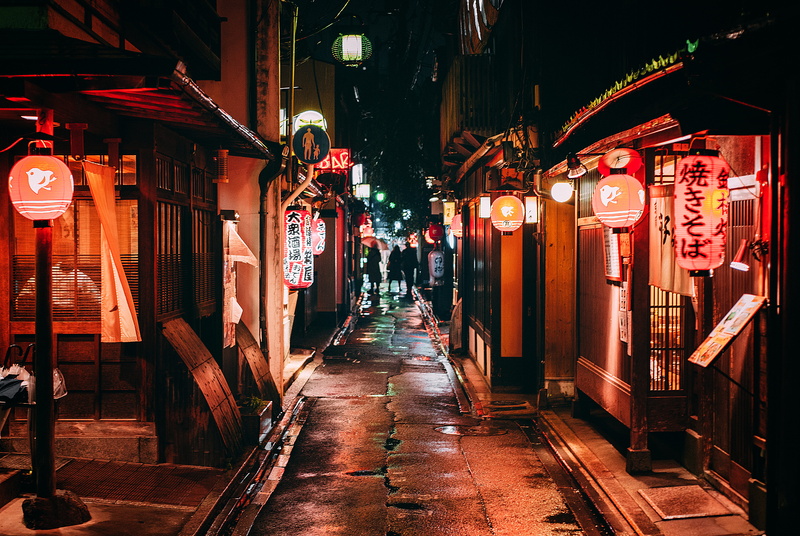 building exterior, travel, blood, street, store, non-western script, text, ally, lighting equipment, taken, empty, trip, lantern, wet, cityscape, buildings