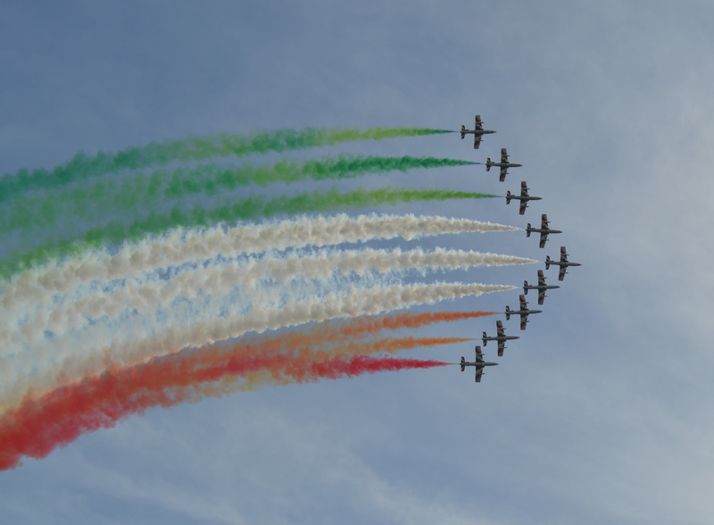 sky, air Force, aerobatics, flying, low angle view, on the move, skill, frecce tricolori, outdoors, airshow, smoke - physical structure, speed, motion