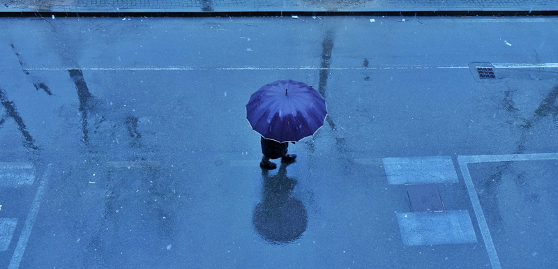 drizzling, umbrella, city, 4K, rain, unrecognizable person, close-up, high angle view, swimming, person, road, nature, blue, real people, walking, one person