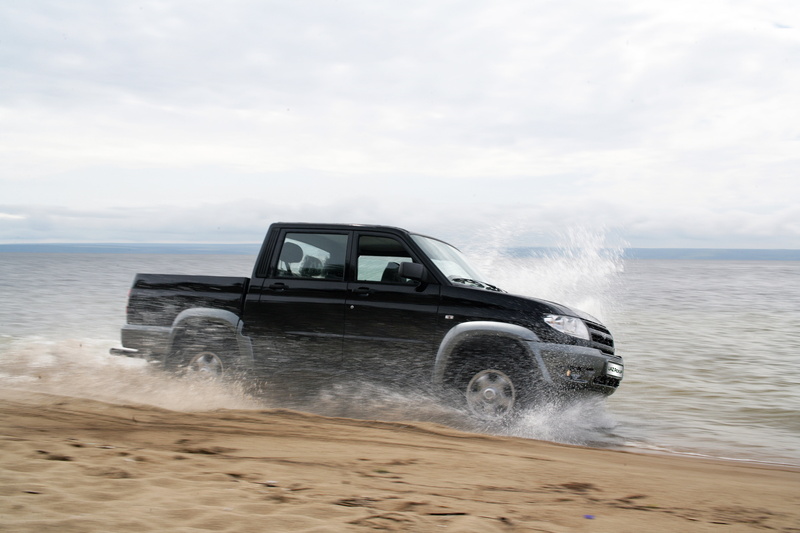 black, no people, motion, scenics - nature, transportation, 4K, sky, water, truck, shore, pickup, outdoors, dust, UAZ, off-road, motor vehicle, beauty in nature