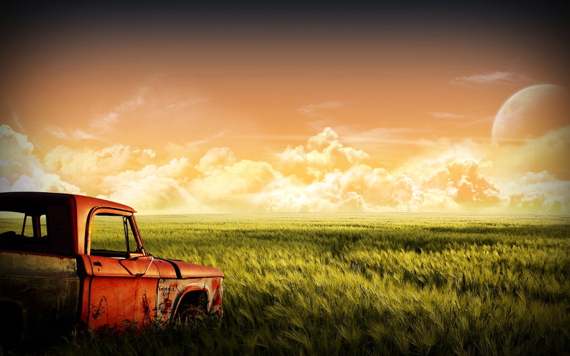 grass, space, sunset, fantasy art, 1080P, planet, sky, field, landscape, nature, red, old car, car, Moon, clouds, horizon, photo manipulation, space art
