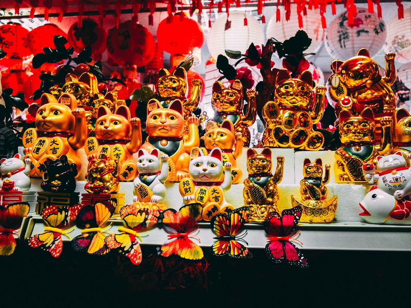 town, lucky cat, human representation, abundance, manchester, england, art and craft, toy, gold, chinatown, decoration, ornament, cat, creativity, sculpture