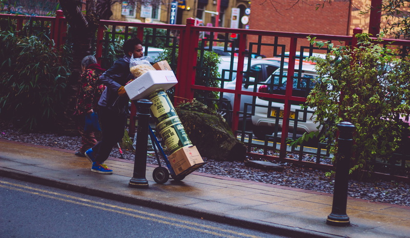 men, manchester, architecture, rear view, outdoors, building exterior, united kingdom, cart, two people, food, chinatown, lifestyles, publication, chinese food