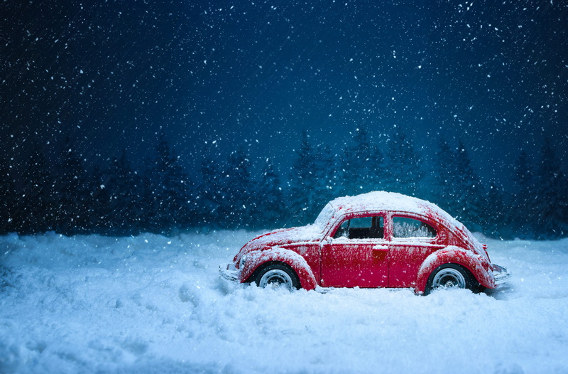 land vehicle, motor vehicle, ice, volkswagen, Play, christmas, Vintage, frozen, red, transportation, nature, weather, white color, Creative, snow, blizzard
