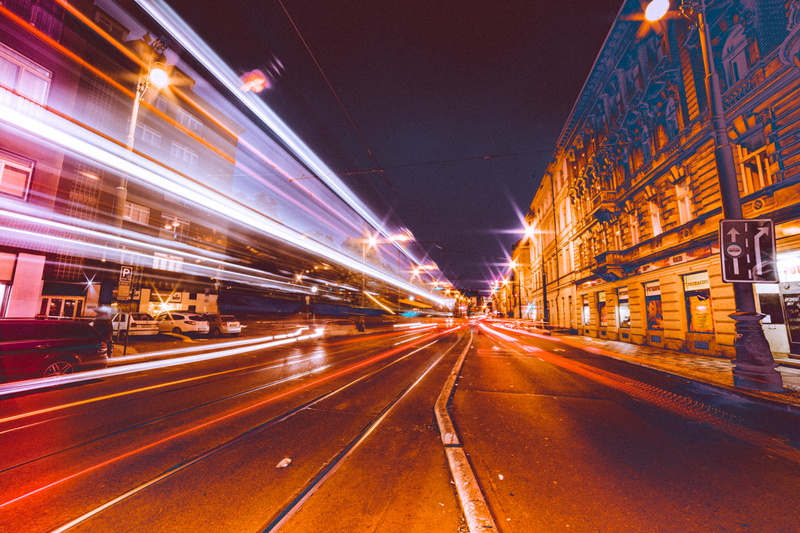 built structure, cars, travel destinations, dark, abstract, light trail, 4K, colorful, outdoors, street, city street, night, motion, architecture, streets