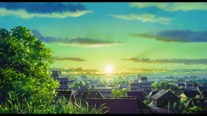 house, movie, city, town, cloud - sky, sky, sunbeam, plant, building exterior, anime, sunset, lens flare, outdoors, architecture, residential district