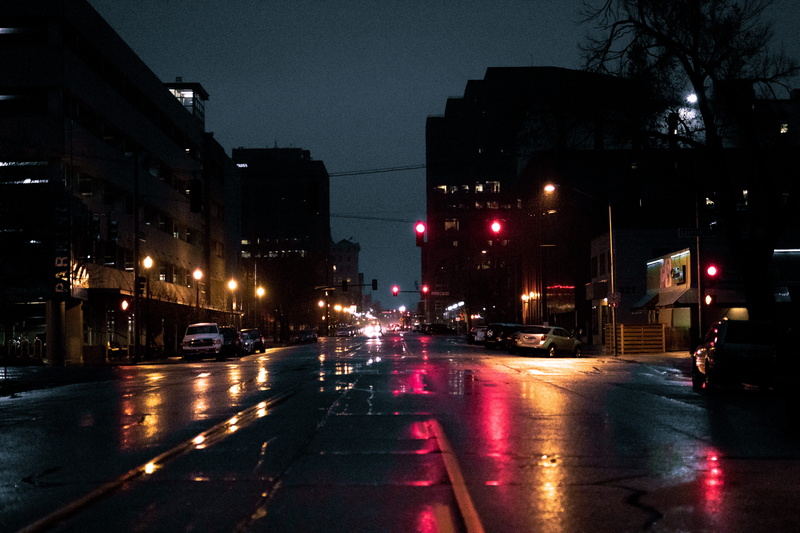 car, street light, transportation, street, mode of transportation, wet, cars, no people, land vehicle, 5K, road, dark, citylife, rainy season, building exterior