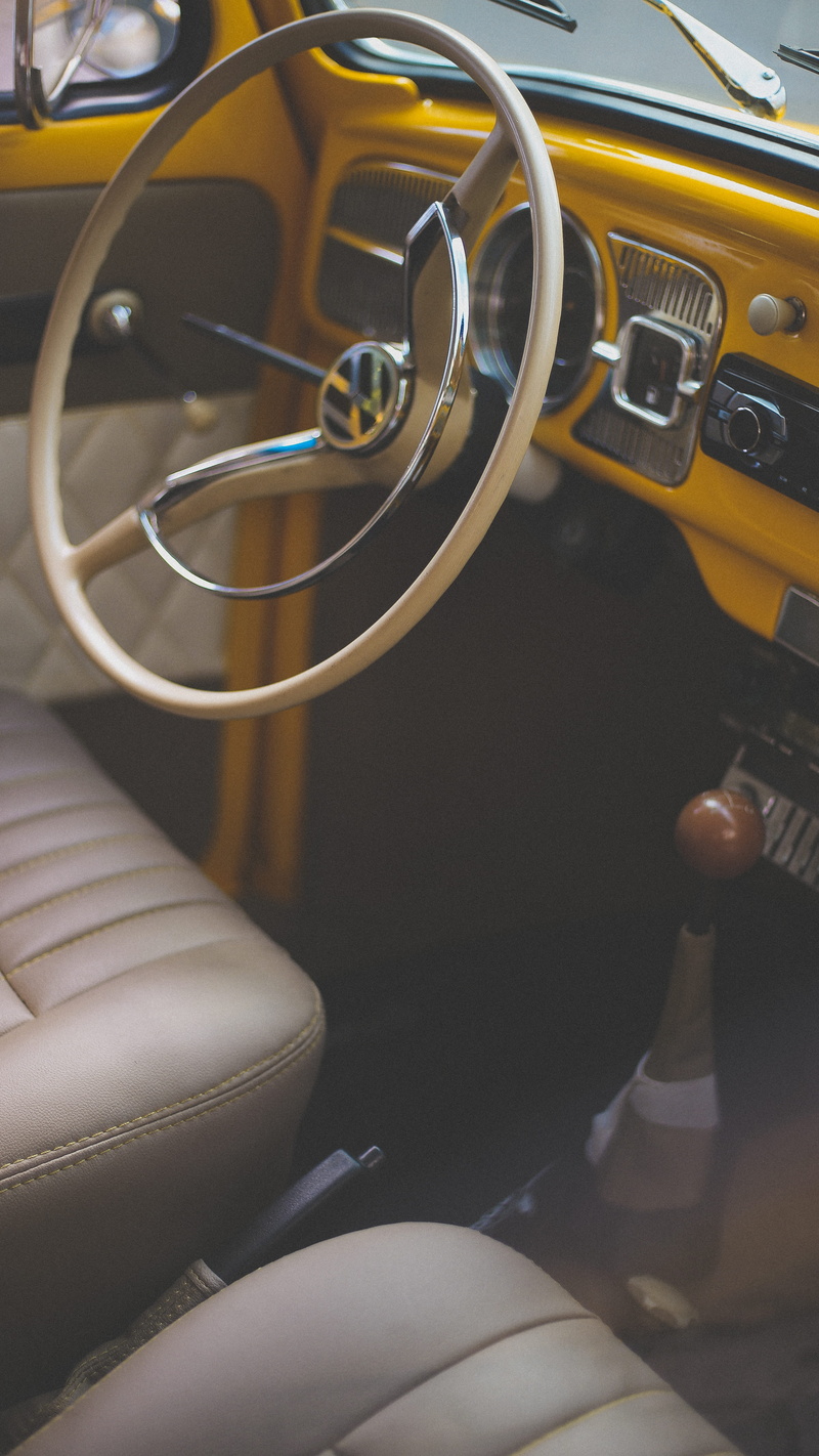 wheel, gear stick, close-up, mode of transportation, indoors, table, 5K, old car, motor vehicle, steering, car interior, communication, connection, fusca