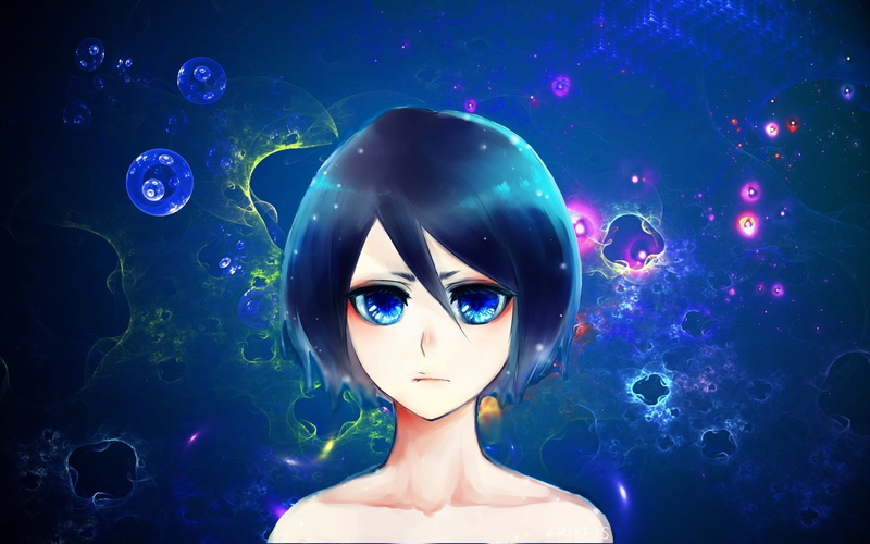 anime, front view, sphere, illuminated, Bleach, bubble, young women, looking at camera, studio shot, light - natural phenomenon, 1080P, digital composite
