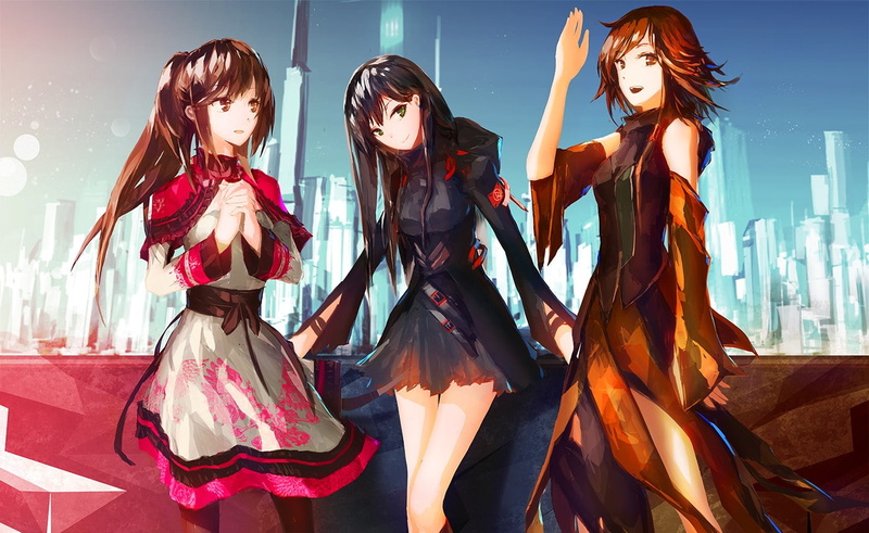 THE iDOLM@STER: Cinderella Girls, 720P, thigh-highs, Shibuya Rin, ponytail, dress, city, Shimamura Uzuki, Honda Mio, anime girls, long hair, anime