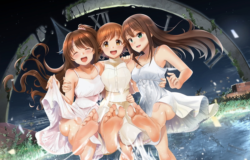 green, eyes, idolmaster, water, ponytail, yellow, 720P, com, honda, dress, konachan, hair, long, brown, summer, 260007, shibuya, mio, night, barefoot