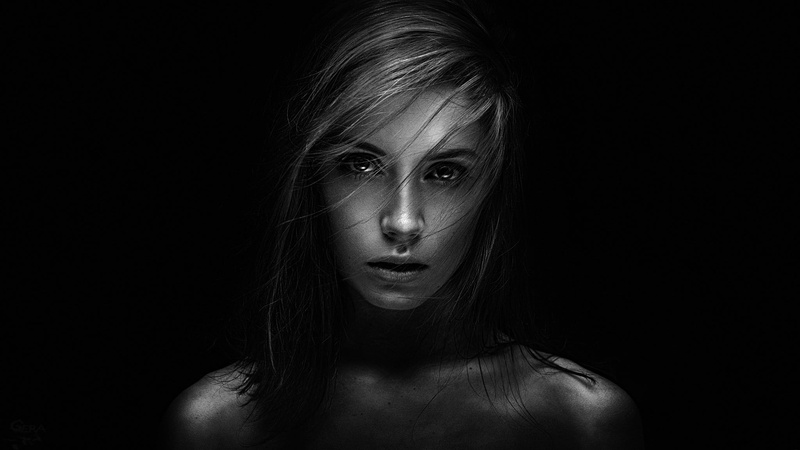 monochrome, human hair, indoors, looking at camera, hair, human face, face, serious, Ksenia Kokoreva, contemplation, women, beauty, front view, headshot
