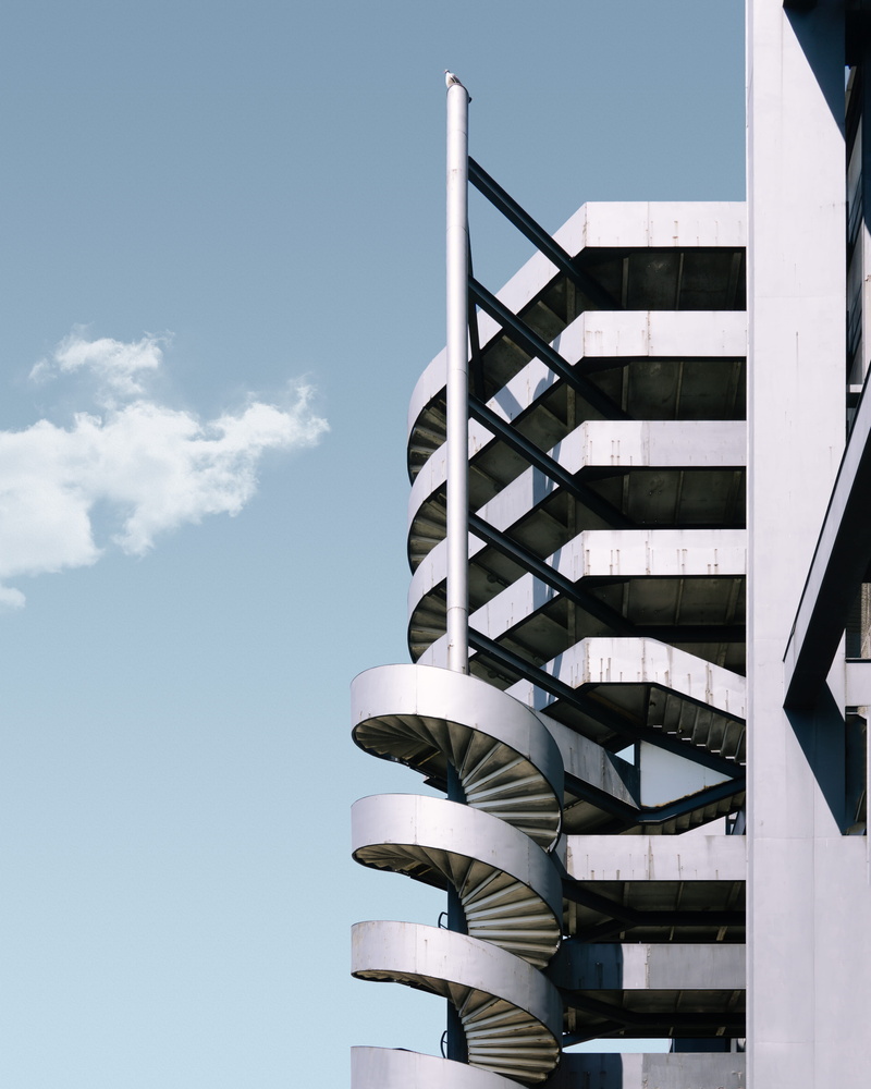 tall - high, cloud, cloud - sky, staircase, office, spiral, steps and staircases, minimal, clean, architecture, sunlight, concrete, no people, rise, hd