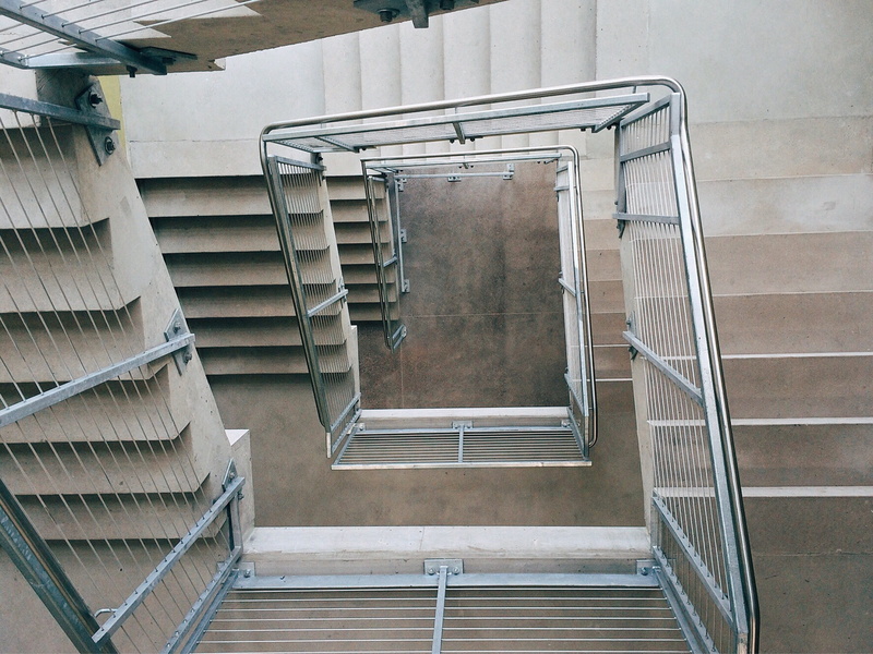 pattern, staircase, stairs, railing, building exterior, repetition, stairwell, no people, modern, day, spiral, empty, 2K, spiral staircase, architecture