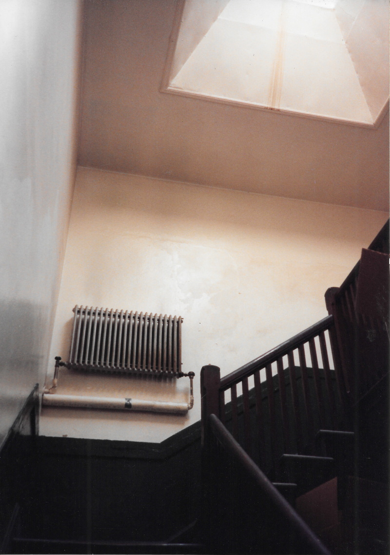 handrail, grainy, stairwell, window, radiator, staircase, vintage, wood - material, copy space, built structure, indoors, architecture, metal, retro, day