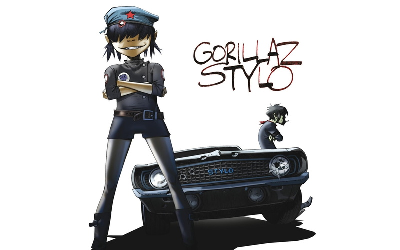 transportation, music, indoors, small, motorcycle, Readers., graphic, people, car, two people, Gorillaz, white background, men, 1080P, text, land Vehicle