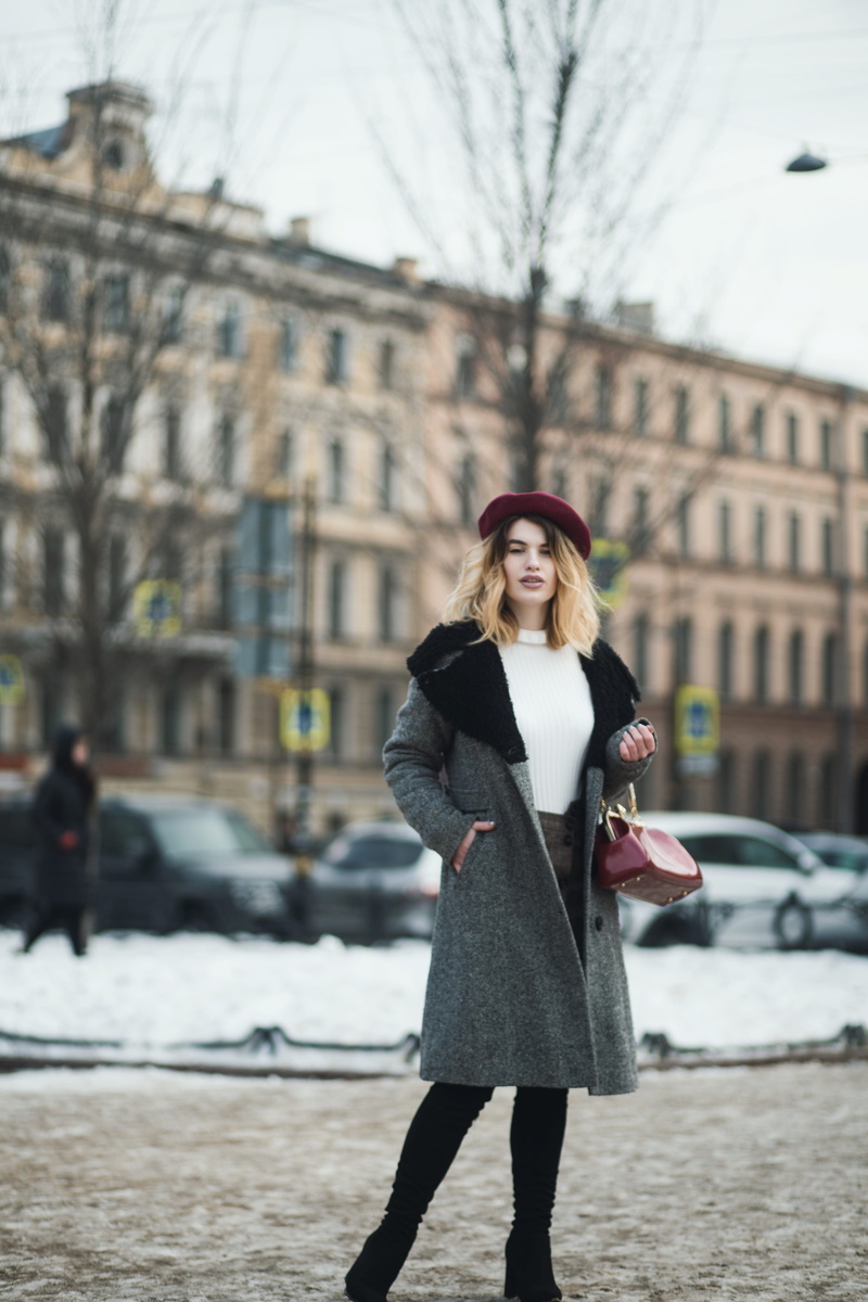 snow, women, blond hair, built structure, street, urban, bare, person, lifestyles, french, young women, young, adult, woman, building exterior, looking at camera