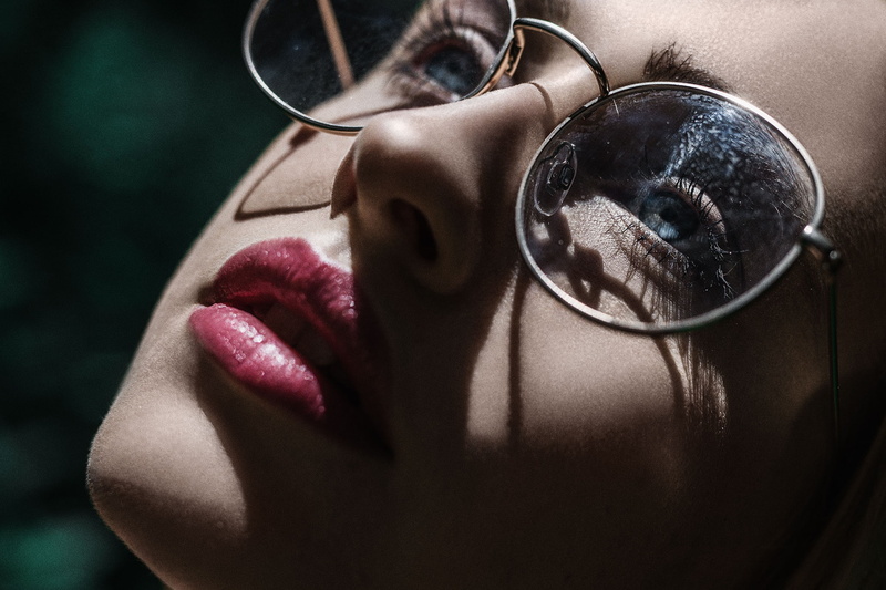 portrait, beauty, human face, make-up, glasses, blue eyes, headshot, one person, indoors, lipstick, focus on foreground, human body part, close-up, women